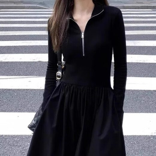 Miao Yijia Dress Women's Autumn Women's Skirt Knitted New High-end Long Skirt with Coat French Waist Slimming Black Zipper Long Sleeve A-Line Hepburn Style Dress XL Recommended 105-120 Jin Jin is equal to 0.5 kg