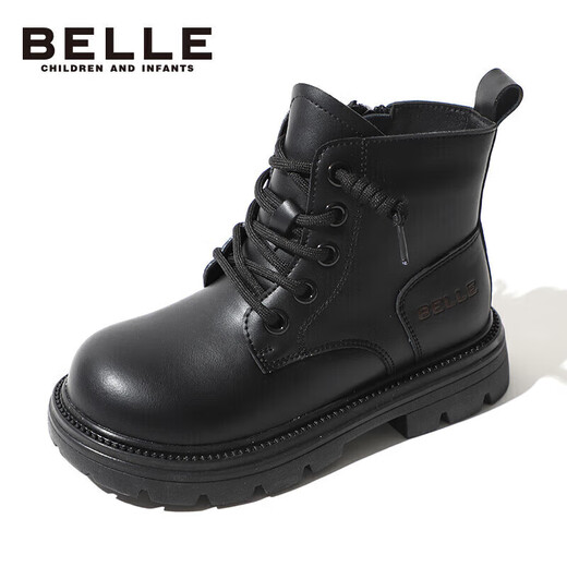 Belle children's shoes winter children's boots girls fashion leather boots baby warm plus fleece Martin boots black size 35