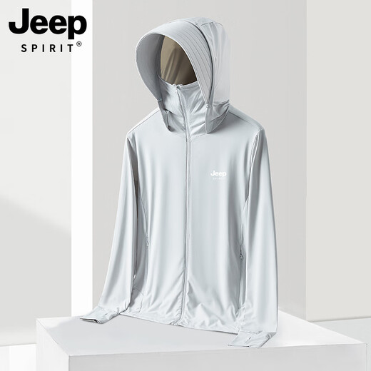 Jeep (JEEP) ice silk UPF50+ sun protection clothes for men in summer 2025 new UV-proof outdoor thin fishing sun protection clothes for men - Glacier gray upgraded version [removable hat brim XL