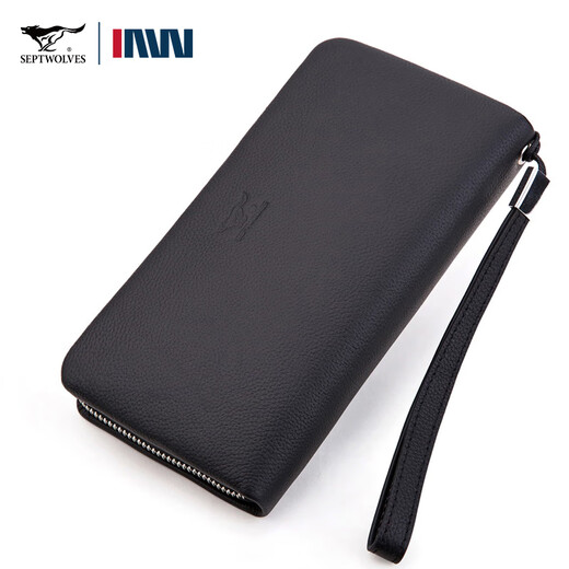 Seven Wolves men's handbag head layer cowhide large capacity clutch single zipper handbag Father's Day gift practical for dad black small trumpet 21 wide 11 thick 3cm