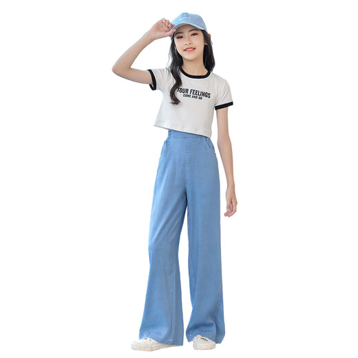 NICKYBABY girls' fashion suit fashionable summer 2025 new children's big children's short-sleeved wide-leg pants girls' summer suit exploded 9889 white + 15026 blue [set] 170 cm