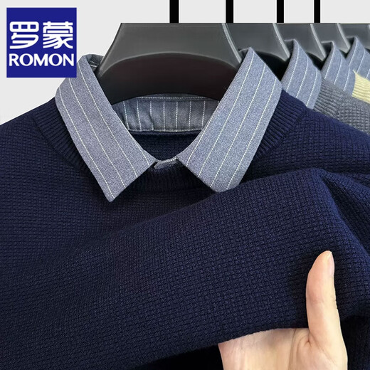 罗蒙（ROMON）假两件毛衣男秋冬季衬衫领套头毛衫中年男士保暖上衣针织打底衫潮 黑色+蓝灰 185/3XL