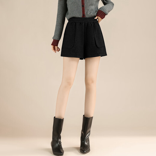 TERRE BLEUE High Waisted Woolen Shorts Retro Style 2025 Autumn and Winter New Women's Elastic Waist Suit Shorts Black M