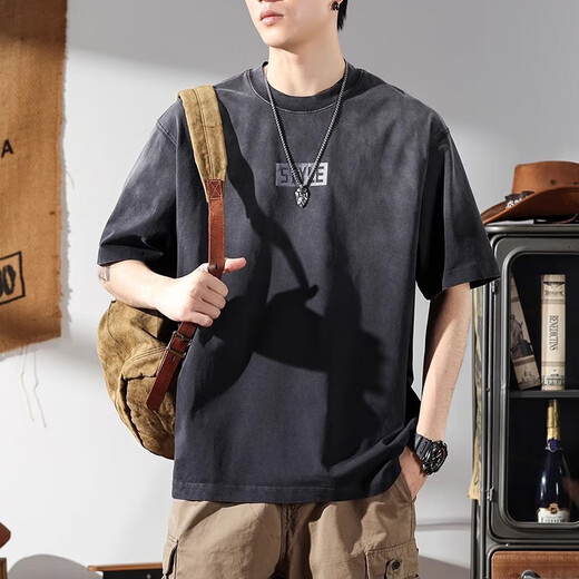 Jeanswest 280G schweres Retro Old Waschbaumwäsche kurzärmeligte T-Shirt für Männer im Sommer Kaji American Tough Guy T-Shirt Herren Black Grey XL für 145-160jin [Jin gleich 0,5 kg]
