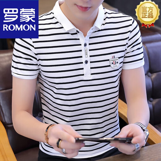 罗蒙（ROMON）夏季商务休闲男装短袖t恤翻领含棉条纹polo保罗衫T恤中青年大码 we7029条纹白色 M