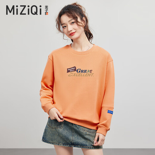 
Miziqi sweatshirt for women in spring and autumn round neck without hat pullover long sleeves 2025 new simple small versatile top Spring and autumn yellow letter 9761 big apricot color on chest M