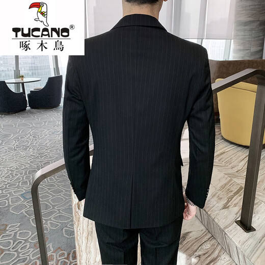Woodpecker Men's Casual Suit Korean Style Trendy Business Formal Fit Groom's Suit Jacket Groomsmen Wedding Dress Black Suit + Vest + Pants + Shirt with Free Tie XL
