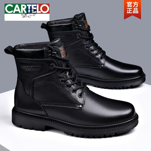 Cartelo Martin Boots Herren echte Lederwolle warme Baumwollstiefel High Top Cowhide Workwear Outdoor verdickte Schneestiefel Winter 3519 Schwarz (Wollstil) 40