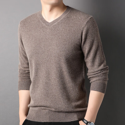 
Hengyuanxiang men's cashmere sweater autumn and winter new V-neck solid color men's Korean sweater casual middle-aged base sweater light gray 3XL 190/56/125
