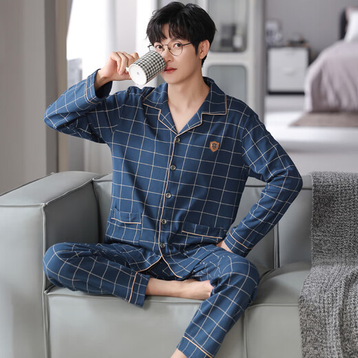 Cat Man Pure Cotton Pyjamas Herren Frühling und Herbst Langarmhose großer Größe Casual Lose Home Clothing Set Alle Baumwolle können äußere Verschleiß 3888 Blau 3xl [vorgeschlagen 170-190jin [Jin gleich 0,5 kg]]]