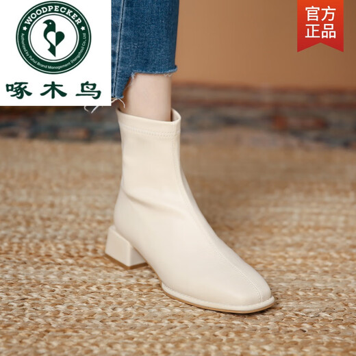 Woodpecker Short Boots Women's Boots 2024 New Spring and Autumn Martin Boots Women's Chelsea Boots Nude Boots Mid-Cylinder White Slim Boots 35 Black - Single upgraded