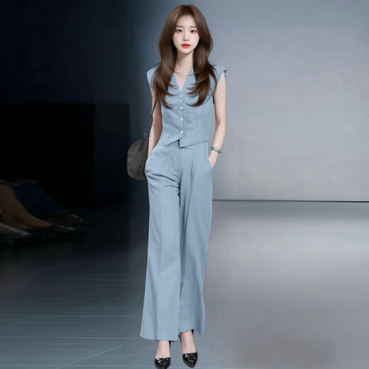 忻依美时尚气质西装套装女2025夏季新款洋气显瘦V领上衣阔腿裤两件套 粉色【短袖长裤】 M 【体重101-110斤】