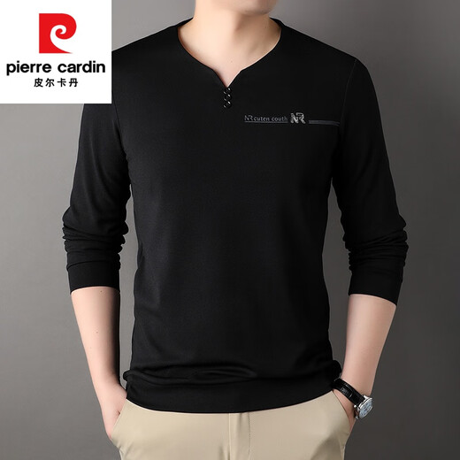 皮尔卡丹（pierre cardin）100%纯棉长袖t恤男V领春秋季新款纯色打底衫男士爸爸装体恤衫上衣 6998哈青 190/4XL建议190-210斤