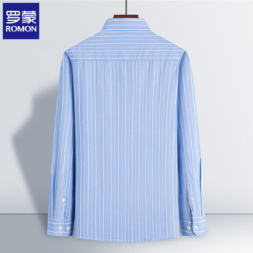 ROMON long-sleeved shirt men business casual middle-aged striped men pure cotton shirt no iron men's top 9203 blue color strip L