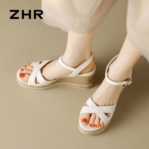 ZHR头层牛皮凉鞋女厚底坡跟女鞋度假交叉带舒适鞋子女 S169 米色 39