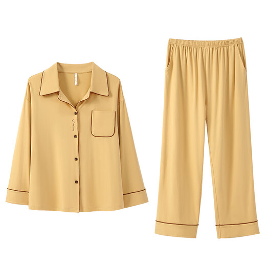 Anzhiban JuhaoSleep Couple Pajamas Spring and Autumn Ann Style Waxy Cotton Casual Loose College Style Ladies Home Clothes Set (Female) Maltose Yellow-Soft Anti-Wrinkle XL
