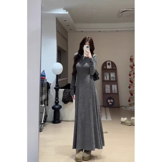 Hao'e's gentle, lazy, high-end knitted dress, spring and autumn temperament long skirt, slim waist and slimming long skirt, oatmeal color M
