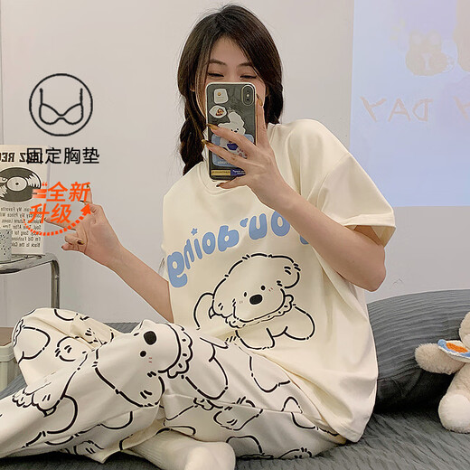 仙僖俫夏季新款仿棉睡衣带胸垫短袖长裤家居服套装 9207 175 L