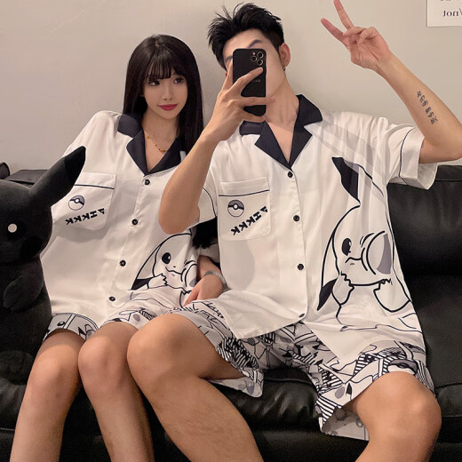 诗花巷美情侣睡衣女士夏季短袖睡裙冰丝薄款卡通男士加肥加大码家居服套 冰丝-bx-13076-13077 M  女(高160内-重80-100斤)