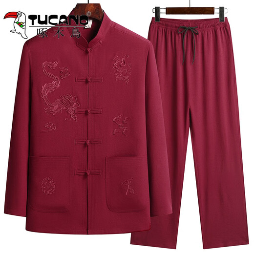 
Woodpecker Tang suit men middle-aged and elderly father autumn long sleeve suit Chinese style spring and autumn grandfather old man autumn father clothes red paired navy blue suit 175 130-150Jin [Jin equals 0.5 kg]