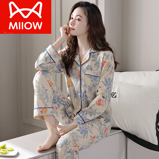 猫人（MiiOW）轻奢高档春秋新款睡衣女纯棉开衫长袖2024年印花高级感家居服套装 XEQ-9215 XL 170建议体重128-140斤