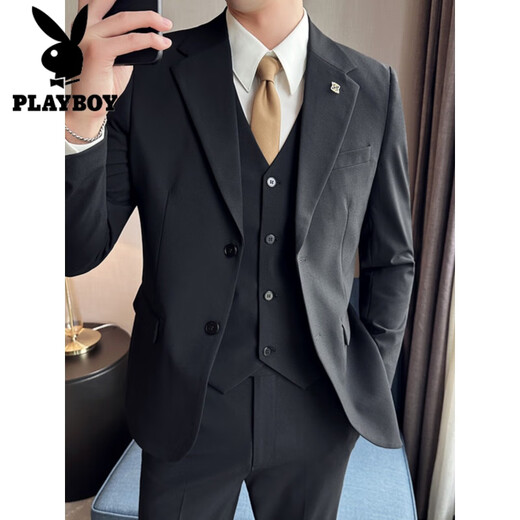 Playboy suit suit men's high-end double-button casual groom wedding dress men's business formal fit suit jacket medium gray suit (suit + vest + pants) XL 120-135Jin Jin equals 0.5 kg