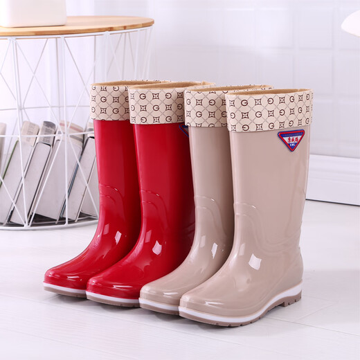 Frauen mit hohem Röhrenregen mit mittleren Röhrchen Wasserstiefeln Wasserschuhe plus Samt-Rutsch-Gummi-Schuhe überschuhten modische hochröhren-Regenstiefel Winter warm 317 High-Tube-Khaki plus Samt 37