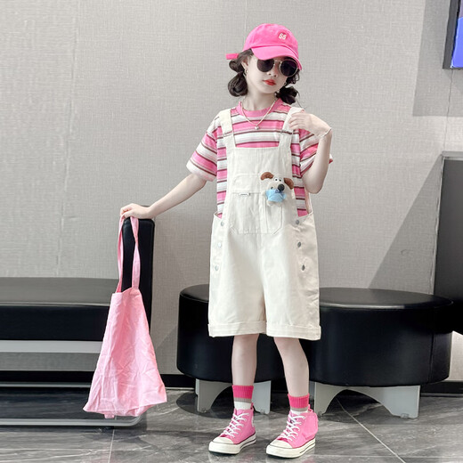 Mokitoul Girl Summer Armband Shorts Set Children's 2025 Neue große Kinder Mädchen modische Sommermode koreanische Outfit Hellblau T+ Overalls (High-End-Geschenkboxverpackung) 40 cm2 1 1