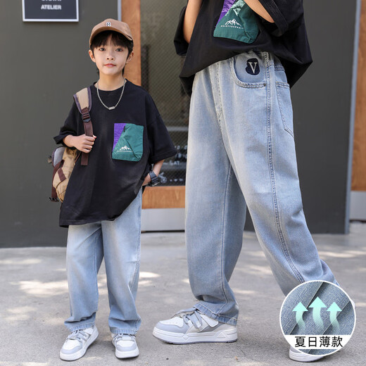 Dream Bonnie Boys Summer Thin Thin Jeans Medium Большие детские брюки 2025 Новые летние детские прямые брюки.