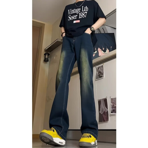 Digada Jeans Männer loser Frühling New American High Street Micro-Roll Slim-Fit Trendy Brand Straight Bein Hosen Männer HCFS-9904 Navy Blue M.