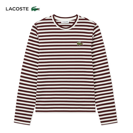 Lacoste French Crocodile Women's Clothing 24 Autumn New Round Neck Fashion Fashion Stripe Camiseta de manga larga TF9207 Iby /Crimson Red 34 /155