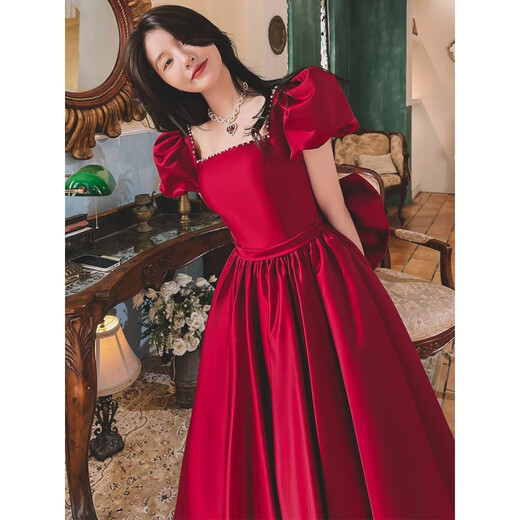 Sheng Miaoci toasting dress bride winter burgundy French style engagement and wedding can usually wear high-end light luxury evening dress skirt for women burgundy mid-length skirt length below the knee 3XL 130Jin Jin is equal to within 0.5 kg