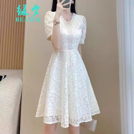 绿夕（REAXUR）温柔风连衣裙子夏天女装2025夏季新款气质衣服蕾丝收腰显瘦高级感 杏色 L （建议108斤-118斤）