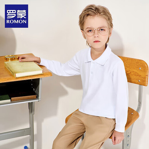 Luo Meng children's velvet polo shirt for boys and girls white T-shirt winter long-sleeved campus wear white velvet 140