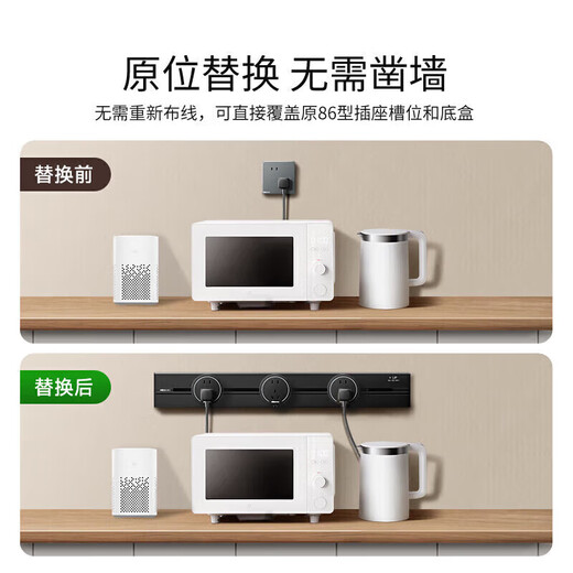 NVC雷士电工轨道插座 明装免打孔壁挂式可移动墙壁滑轨插座80厘米+五孔*4黑色