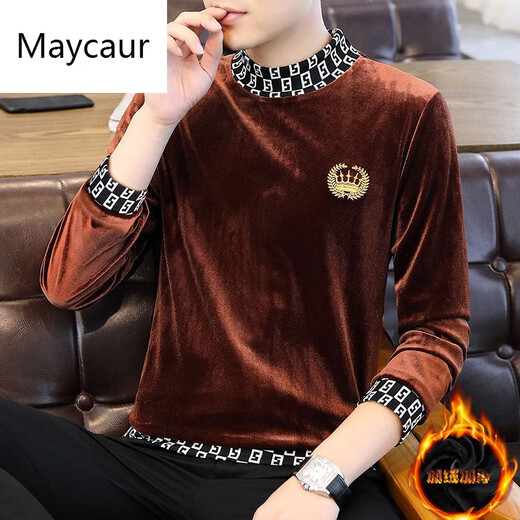 Maycaur香港潮牌秋冬季男士金丝绒半高领长袖t恤韩.版绣花修身打底衫卫衣 DB692黑色  加绒 2XL 建议135-150斤