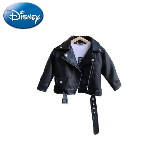 Disney (Disney) Girls Leather Jacket 2024 Autumn New Children's Style Korean Style Baby Motorcycle Jacket Spring and Autumn Jacket Top Black Motorcycle Lapel Leather Jacket 90 Tag 90 Suitable for 90cm