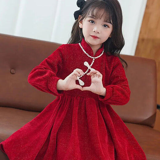 Disney (Disney) Spring Festival New Year Wear 26 New Autumn and Winter Girls Cheongsam Red Dress Velvet New Year Christmas Gift New Skirt Red Velvet Dress (without bag) 120