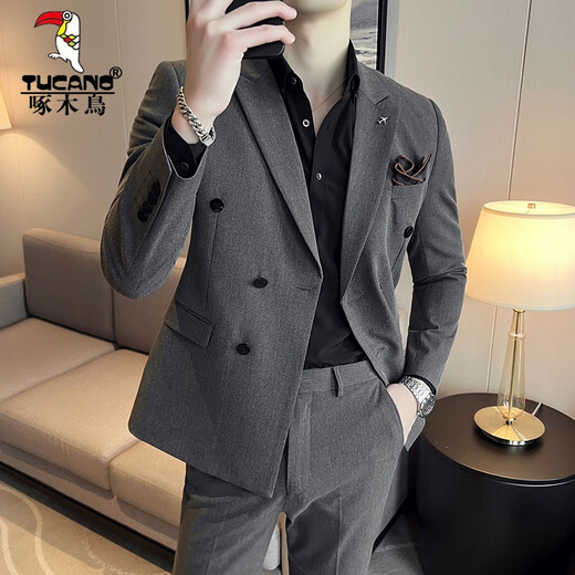 Woodpecker (TUCANO) two-piece suit men's suit wedding double-breasted British style lapel groom engagement wedding slim stripes medium gray suit + trousers XL (suitable for 125-135 Jin Jin equals 0.5 kg)