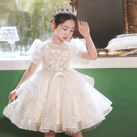 小咔衣浓女童礼服公主裙生日宴花童婚礼纱裙儿童主持人钢琴演奏演出服夏季 香槟色短袖3905短款 130