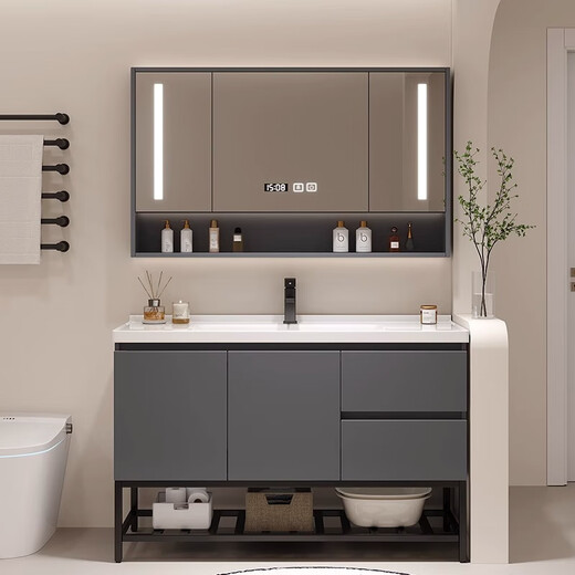 简约实木陶瓷盆一体盆浴室柜落地式洗手盆柜组合卫生间洗脸洗定制 12048轻奢灰普通镜柜地柜款