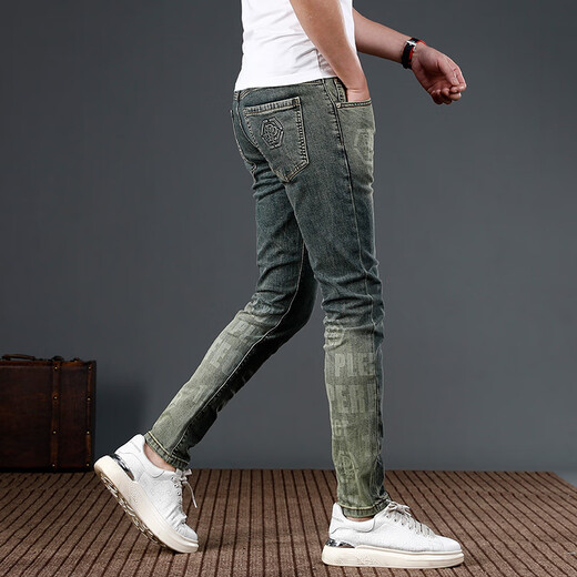 
Mingshisha 2024 new trendy printed contrasting jeans for men's thin stretch slim feet slim casual pants trendy brand DQ-826 trousers 28 [waist circumference 2 feet 1]