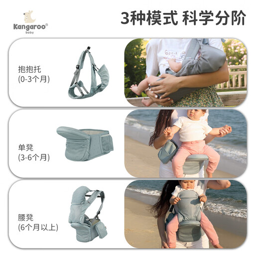 袋鼠仔仔折叠腰凳婴儿轻便四季前抱式夏季宝宝背带多功能抱娃神器背婴带 湖水蓝-可调节凳芯【三合一款】