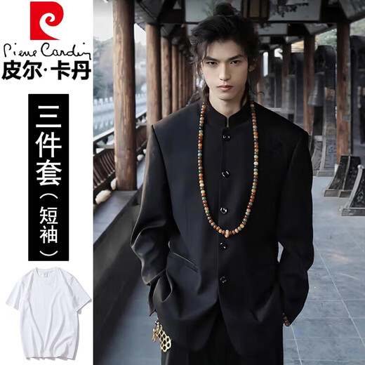 Pierre Cardin New Chinese-style Chinese tunic suit, Chinese-style stand-up collar, Chinese-style suit suit, men's wedding engagement suit, dress knitted, black, two-piece suit, top + pants 2XL
