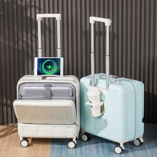 
Kangaroo (KANGAROO) suitcase small front open cover trolley case multi-function USB hook travel bag free shipping mini boarding case milk white (USB interface + side opening + hook) 18-inch (boarding case)