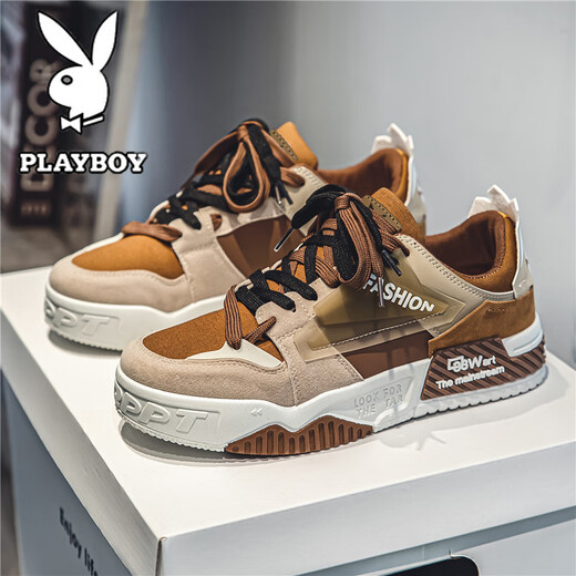花花公子鞋子男款2025秋冬季男鞋新款休闲板鞋男士百搭厚底增高运动鞋 白棕色 39