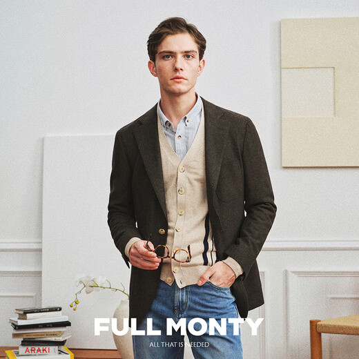 FULL MONTY男士羊毛西服外套法兰绒无结构西装上衣商务休闲单西秋冬 深褐色3452 44