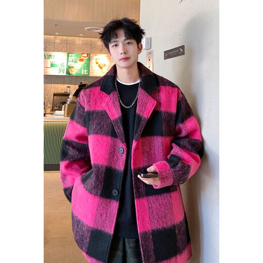OEMG college style British mid-length woolen coat men's autumn and winter plaid windbreaker small fragrance loose woolen coat black XL recommended 110-130Jin Jin equals 0.5 kg