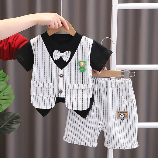 G.DUCKKIDS小黄鸭男童套装夏季薄款婴儿童衣服男孩帅气短袖衬衫宝宝周岁礼服 9224亮灯熊咖色 100 建议2-3岁25-30斤