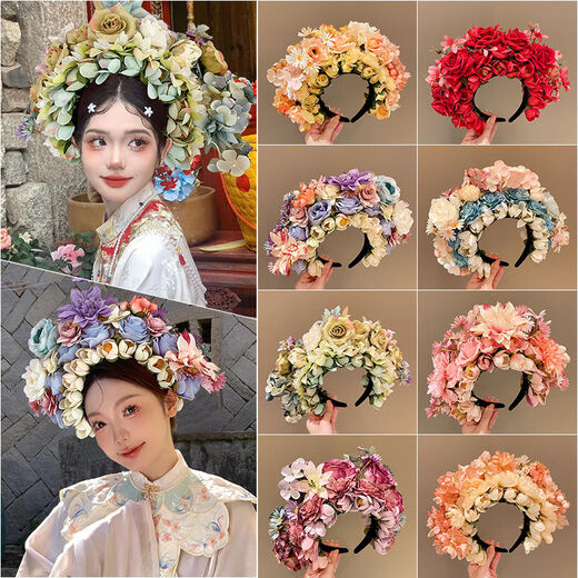 Haiyiduo Quanzhou imitation hairpin flower garland Hanfu silk flower headdress hairpin hair accessory ethnic style photo shoot flower headband female garland 2# red flowers